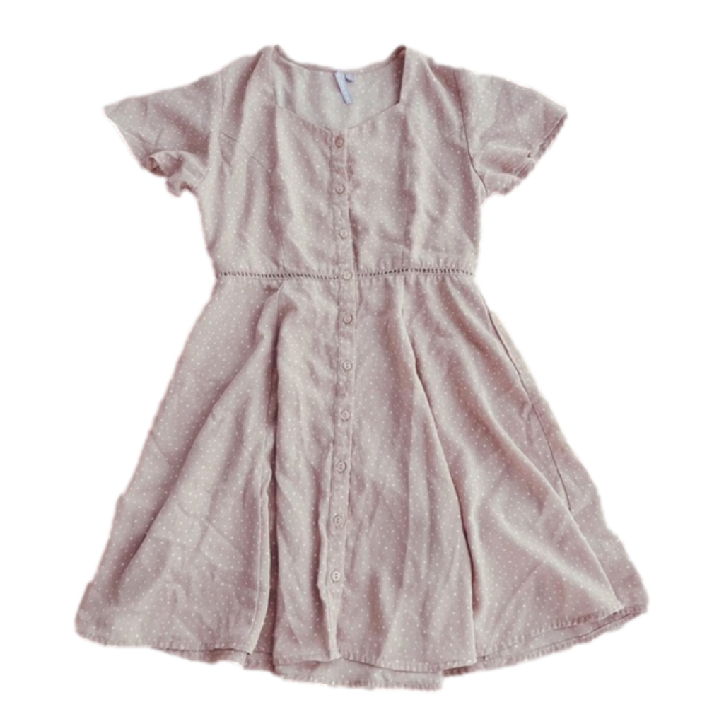 Blush pink polka dot button-up tunic dress